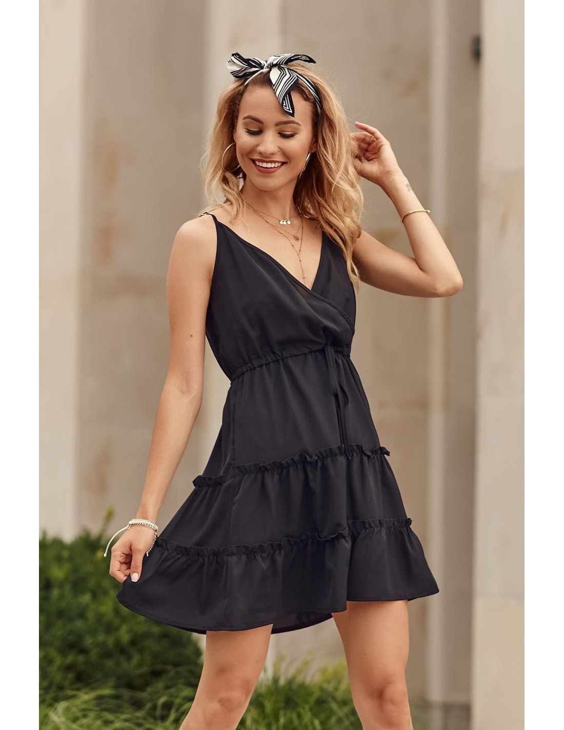 Delicate dress with an envelope neckline, black PR3200 - Online store - Boutique